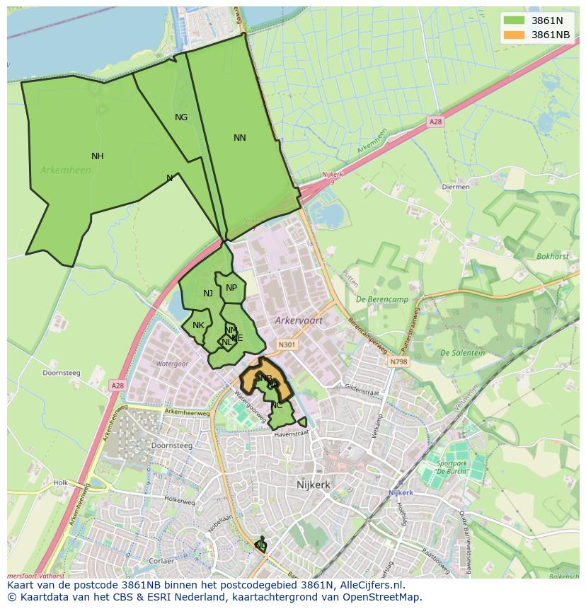 Afbeelding van het postcodegebied 3861 NB op de kaart.