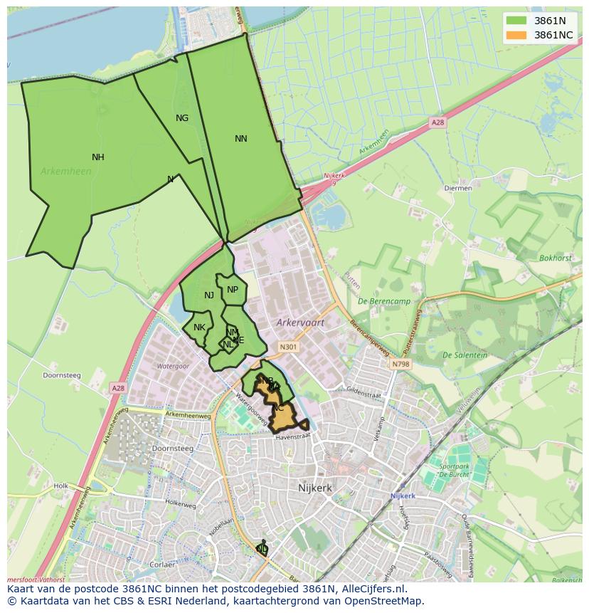 Afbeelding van het postcodegebied 3861 NC op de kaart.