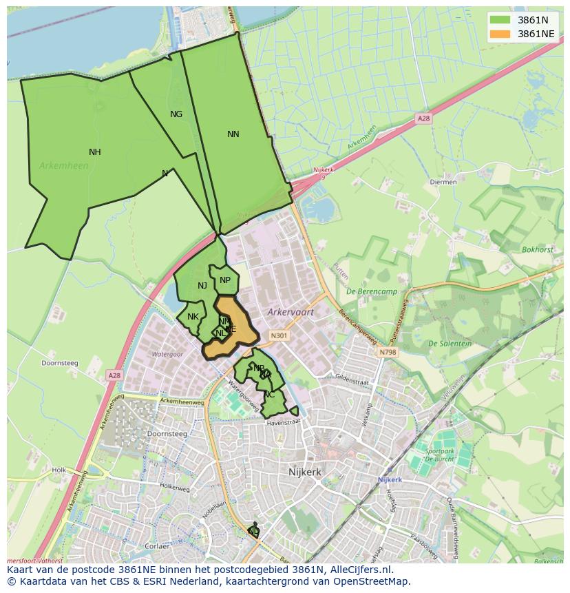 Afbeelding van het postcodegebied 3861 NE op de kaart.