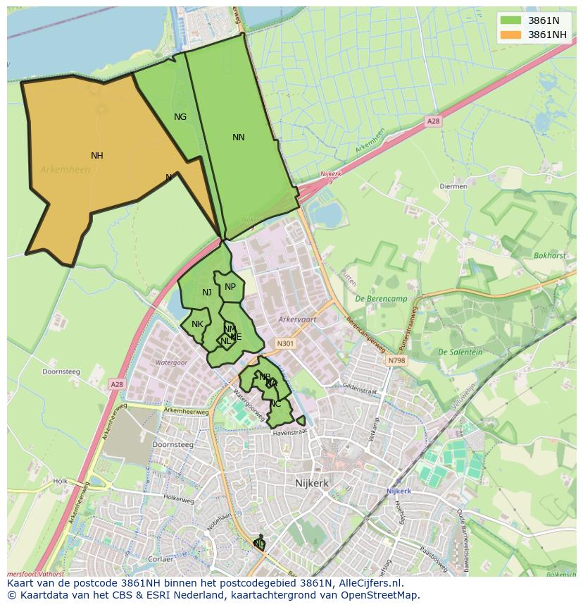 Afbeelding van het postcodegebied 3861 NH op de kaart.
