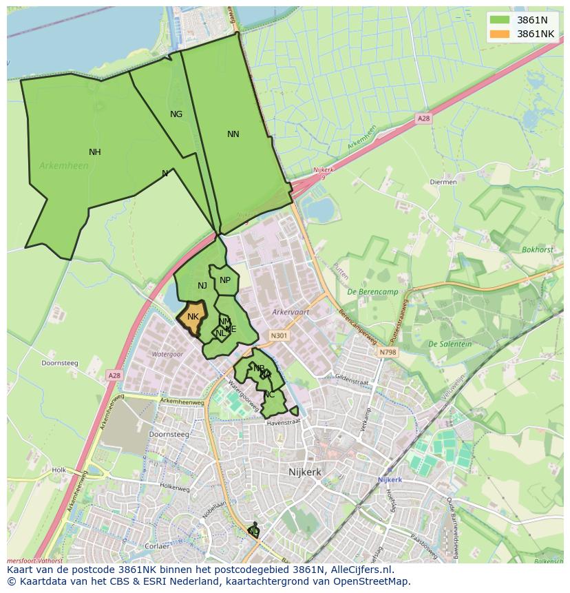 Afbeelding van het postcodegebied 3861 NK op de kaart.