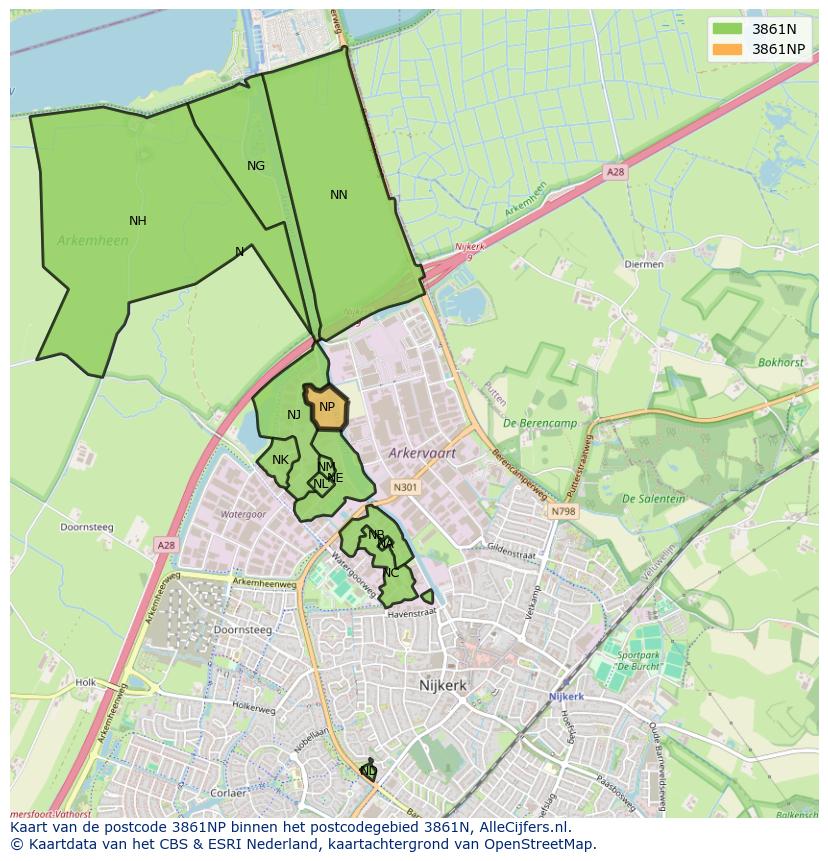 Afbeelding van het postcodegebied 3861 NP op de kaart.