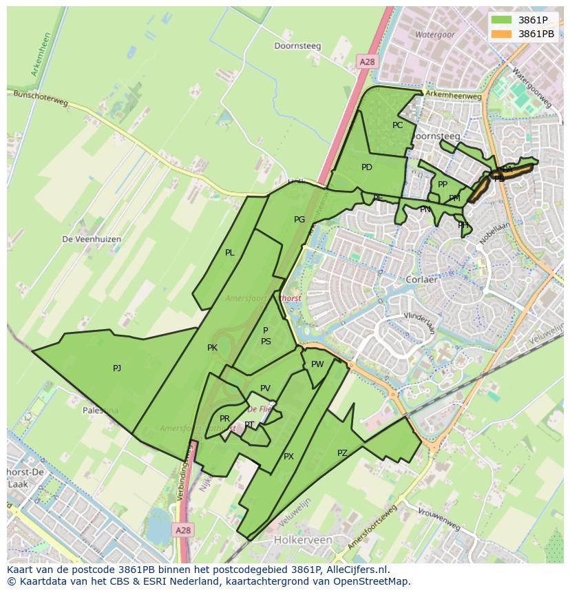 Afbeelding van het postcodegebied 3861 PB op de kaart.