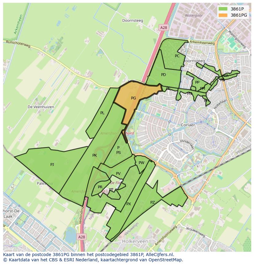 Afbeelding van het postcodegebied 3861 PG op de kaart.