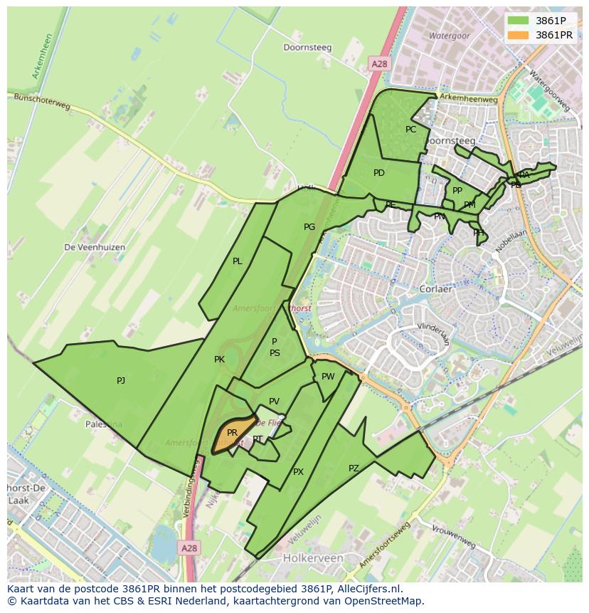 Afbeelding van het postcodegebied 3861 PR op de kaart.