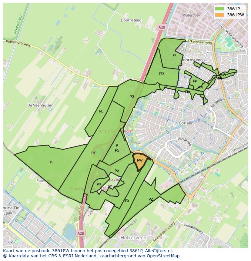 Afbeelding van het postcodegebied 3861 PW op de kaart.