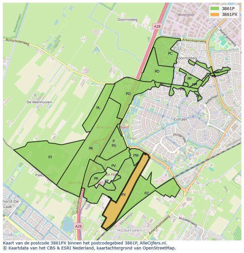 Afbeelding van het postcodegebied 3861 PX op de kaart.