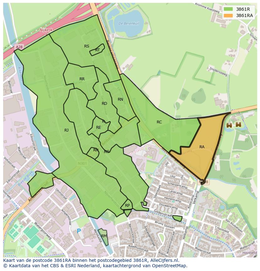 Afbeelding van het postcodegebied 3861 RA op de kaart.