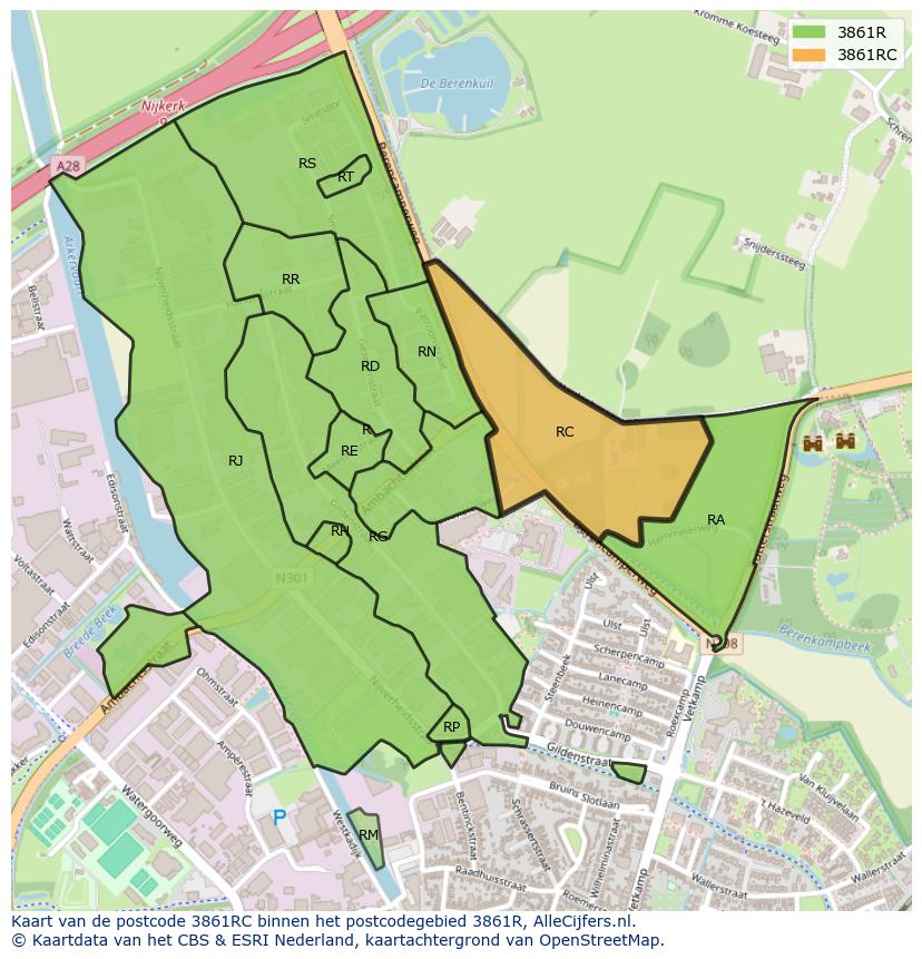 Afbeelding van het postcodegebied 3861 RC op de kaart.