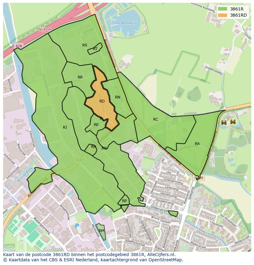 Afbeelding van het postcodegebied 3861 RD op de kaart.