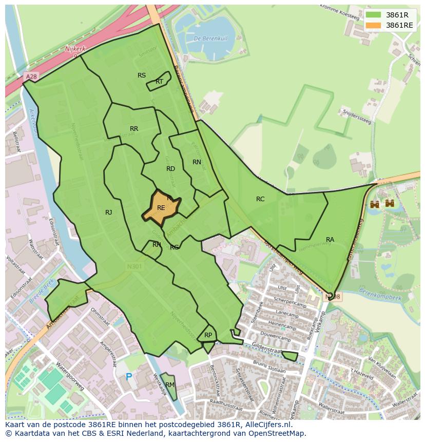 Afbeelding van het postcodegebied 3861 RE op de kaart.