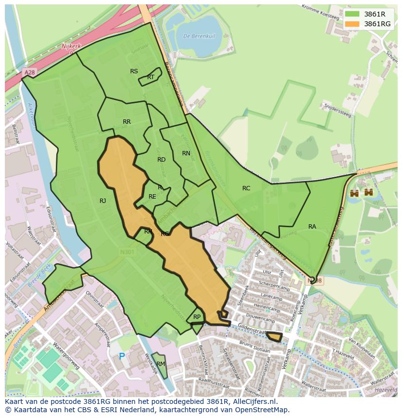 Afbeelding van het postcodegebied 3861 RG op de kaart.