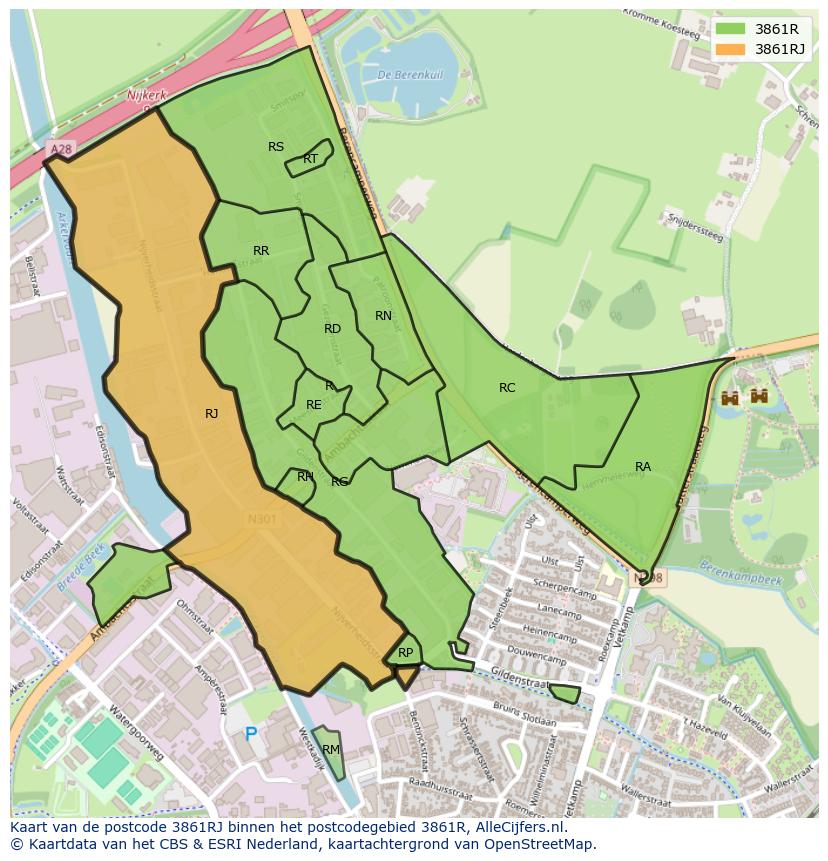 Afbeelding van het postcodegebied 3861 RJ op de kaart.