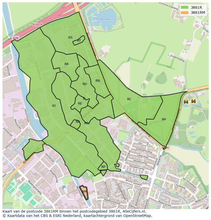 Afbeelding van het postcodegebied 3861 RM op de kaart.