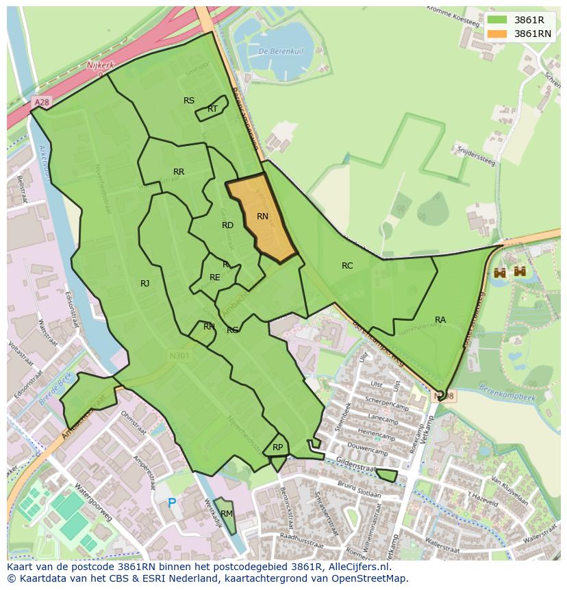 Afbeelding van het postcodegebied 3861 RN op de kaart.