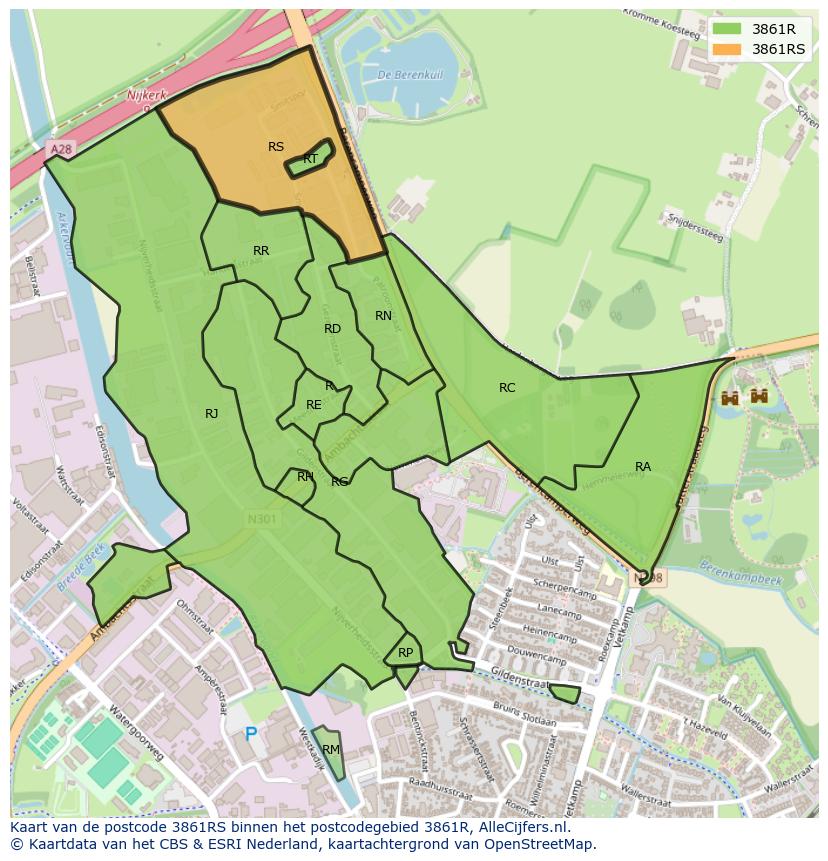 Afbeelding van het postcodegebied 3861 RS op de kaart.