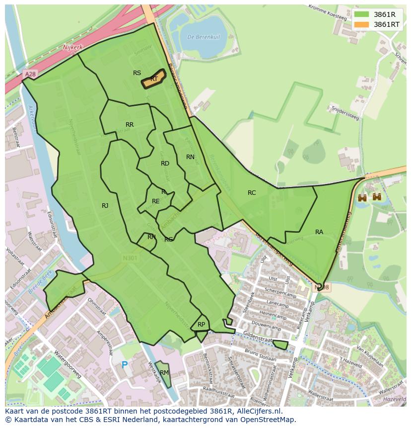 Afbeelding van het postcodegebied 3861 RT op de kaart.