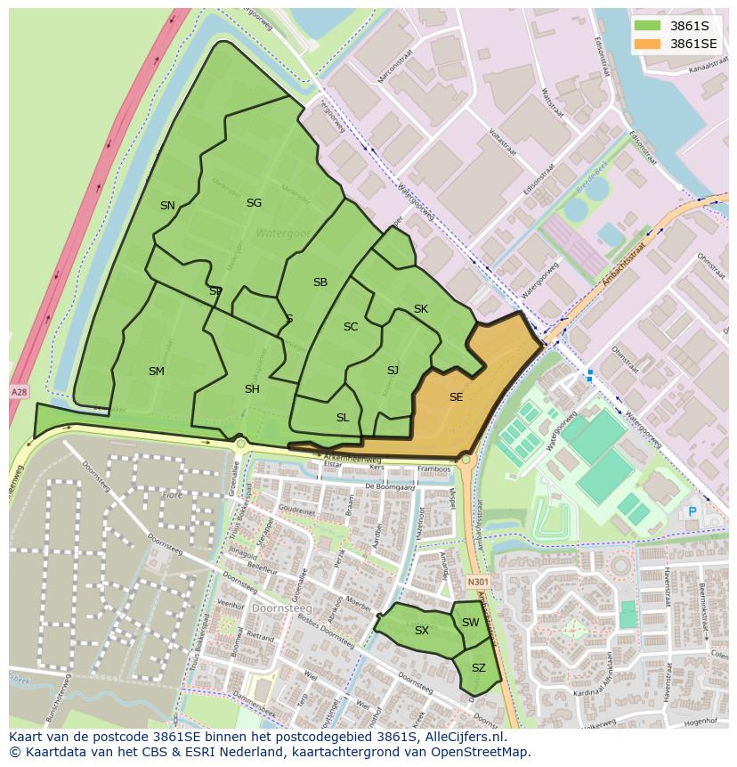 Afbeelding van het postcodegebied 3861 SE op de kaart.
