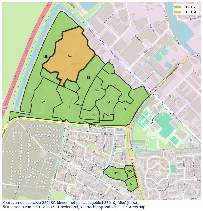 Afbeelding van het postcodegebied 3861 SG op de kaart.