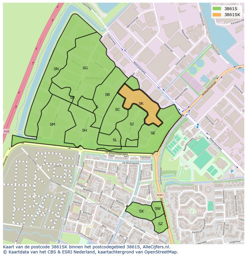 Afbeelding van het postcodegebied 3861 SK op de kaart.