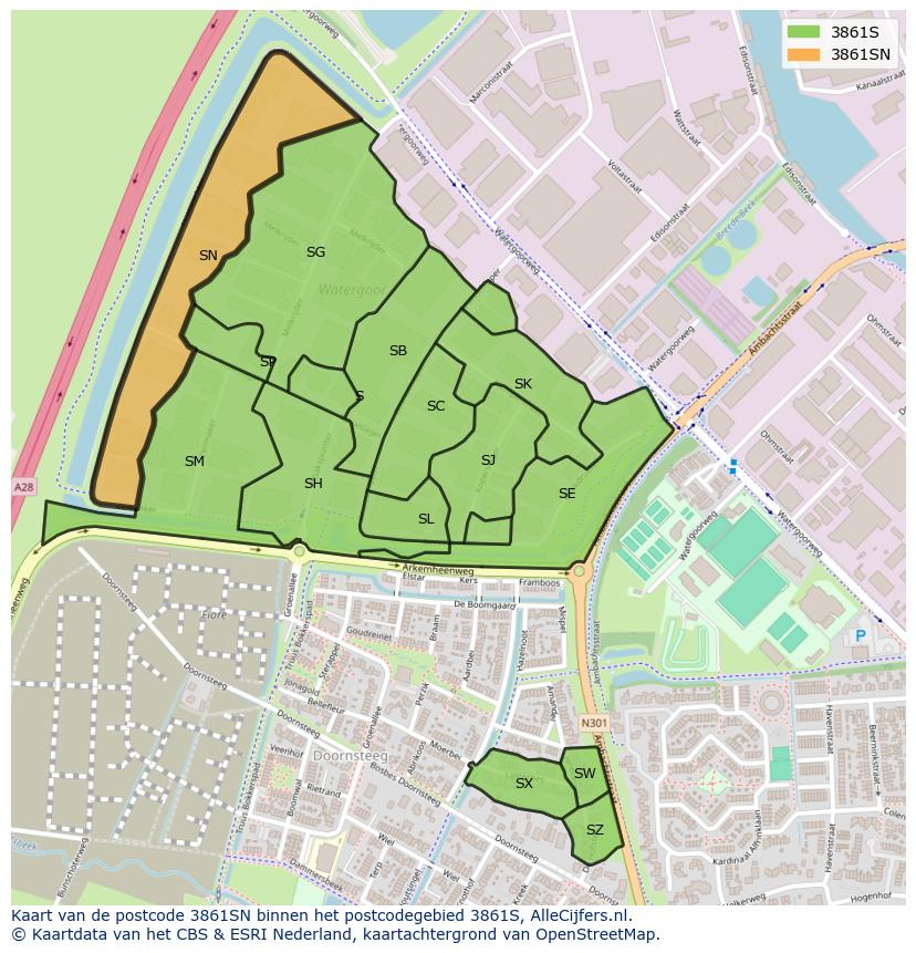 Afbeelding van het postcodegebied 3861 SN op de kaart.