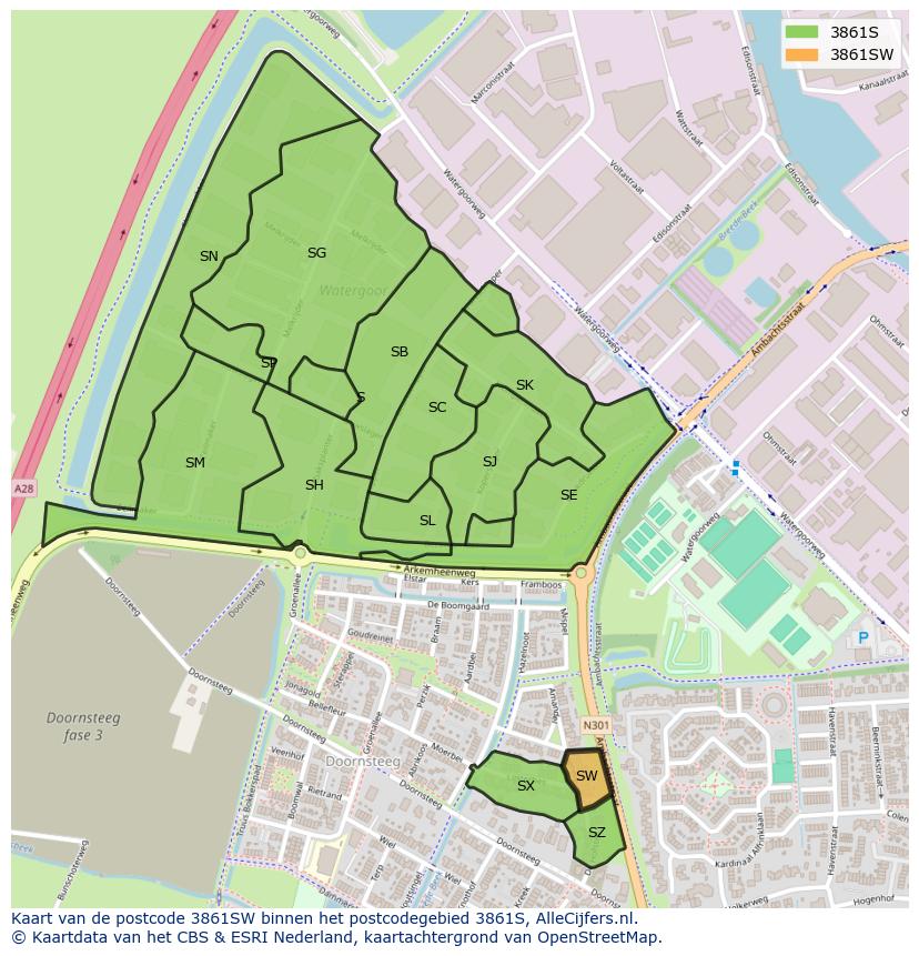 Afbeelding van het postcodegebied 3861 SW op de kaart.
