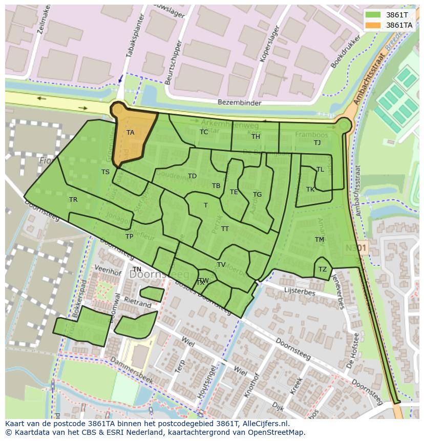 Afbeelding van het postcodegebied 3861 TA op de kaart.