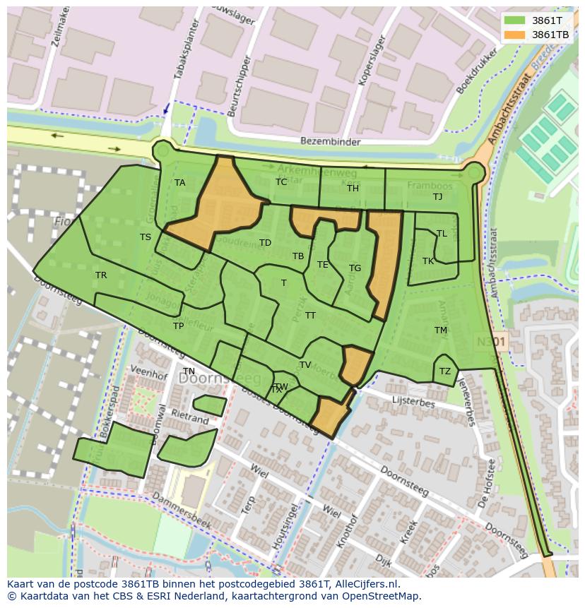 Afbeelding van het postcodegebied 3861 TB op de kaart.