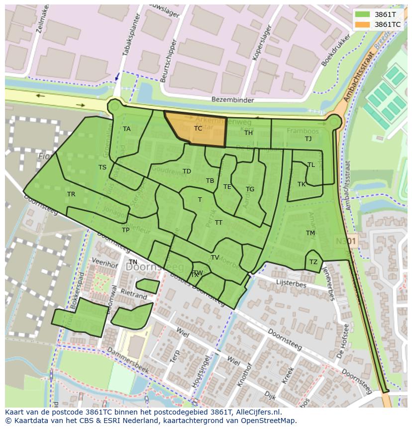 Afbeelding van het postcodegebied 3861 TC op de kaart.