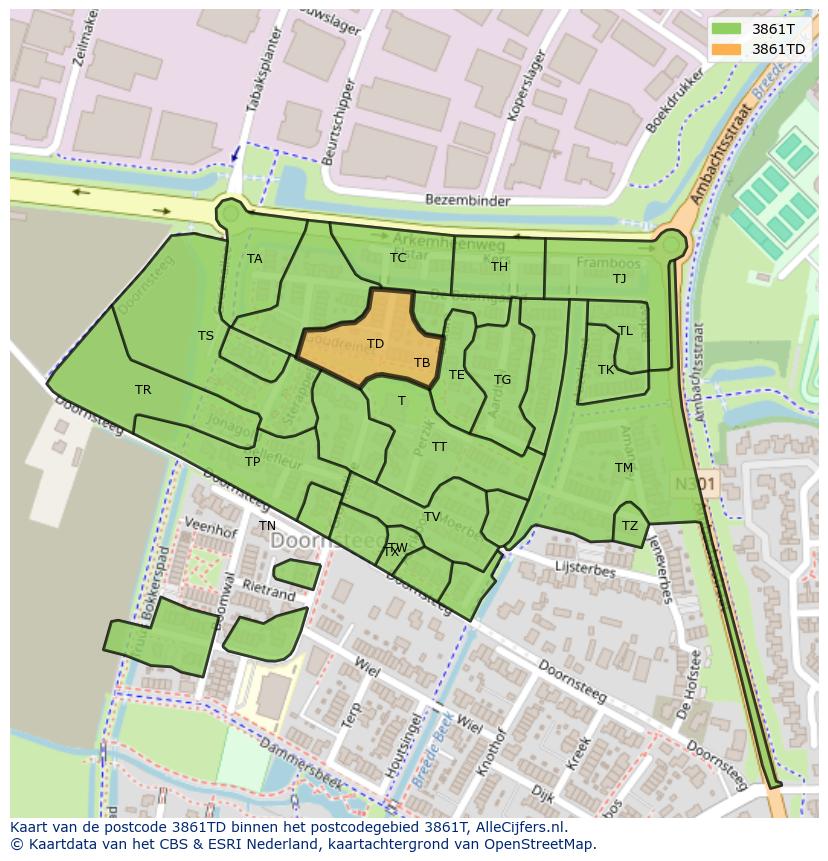 Afbeelding van het postcodegebied 3861 TD op de kaart.