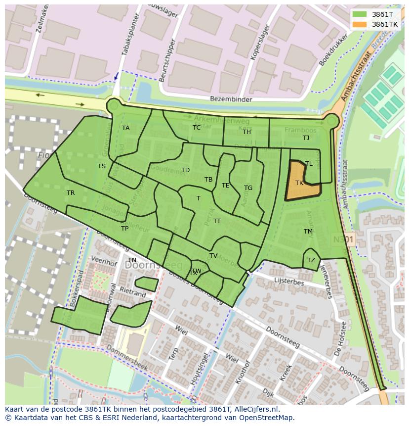 Afbeelding van het postcodegebied 3861 TK op de kaart.