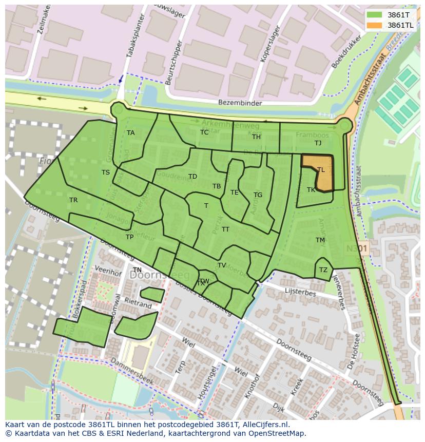 Afbeelding van het postcodegebied 3861 TL op de kaart.