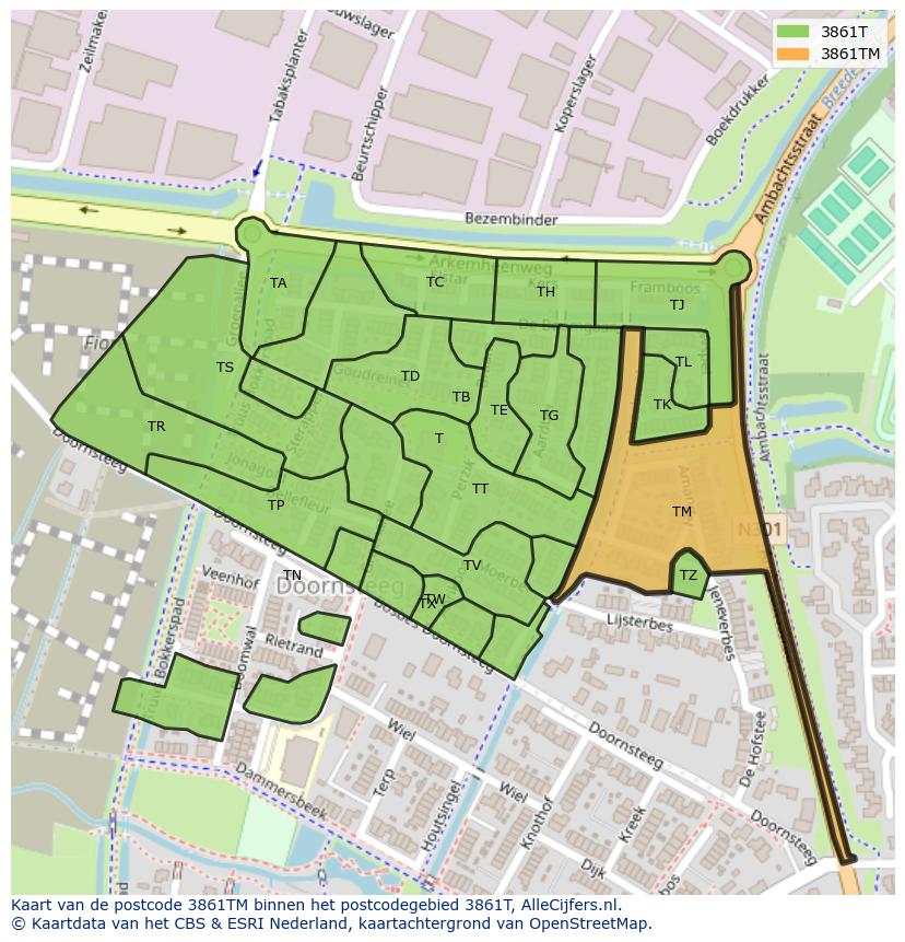 Afbeelding van het postcodegebied 3861 TM op de kaart.