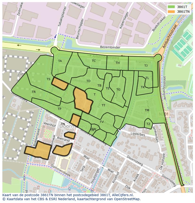 Afbeelding van het postcodegebied 3861 TN op de kaart.