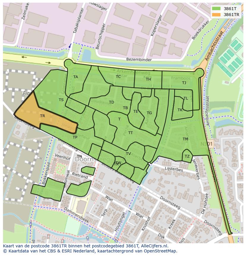 Afbeelding van het postcodegebied 3861 TR op de kaart.