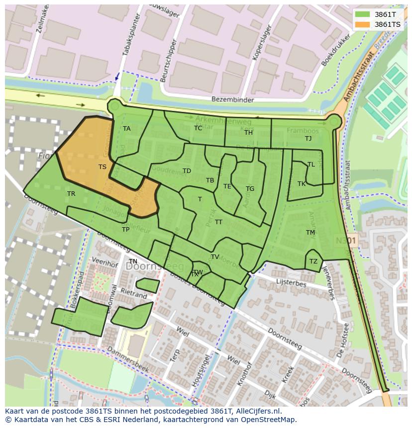 Afbeelding van het postcodegebied 3861 TS op de kaart.