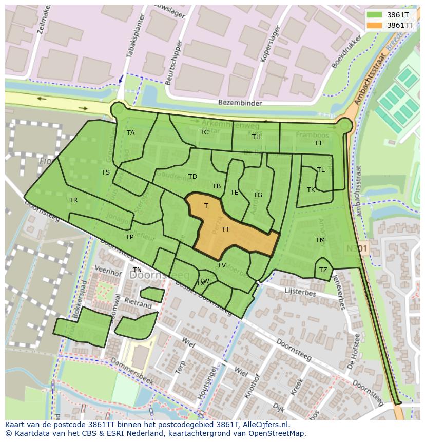 Afbeelding van het postcodegebied 3861 TT op de kaart.