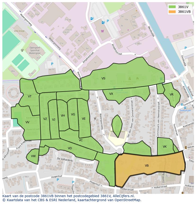 Afbeelding van het postcodegebied 3861 VB op de kaart.