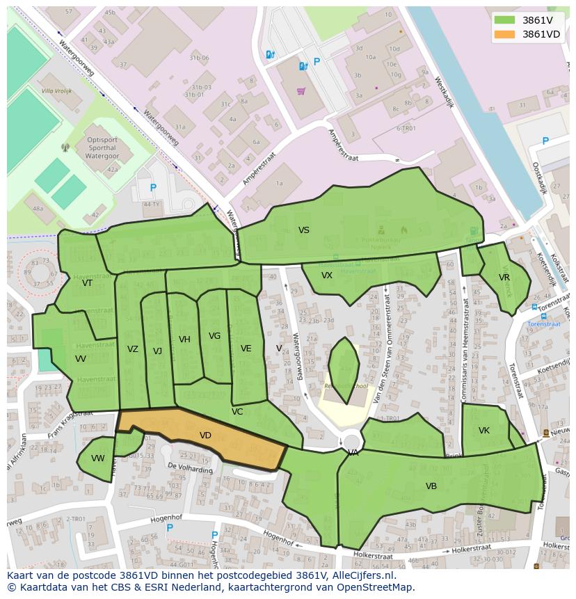 Afbeelding van het postcodegebied 3861 VD op de kaart.