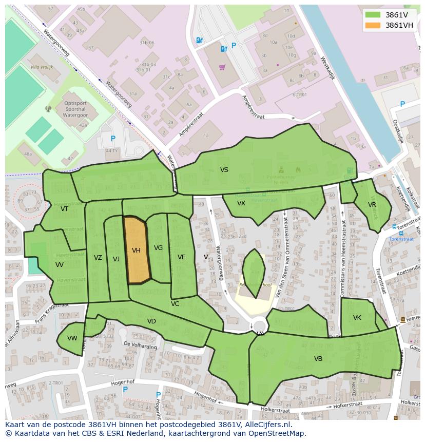 Afbeelding van het postcodegebied 3861 VH op de kaart.