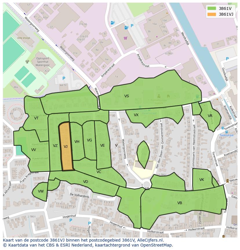 Afbeelding van het postcodegebied 3861 VJ op de kaart.