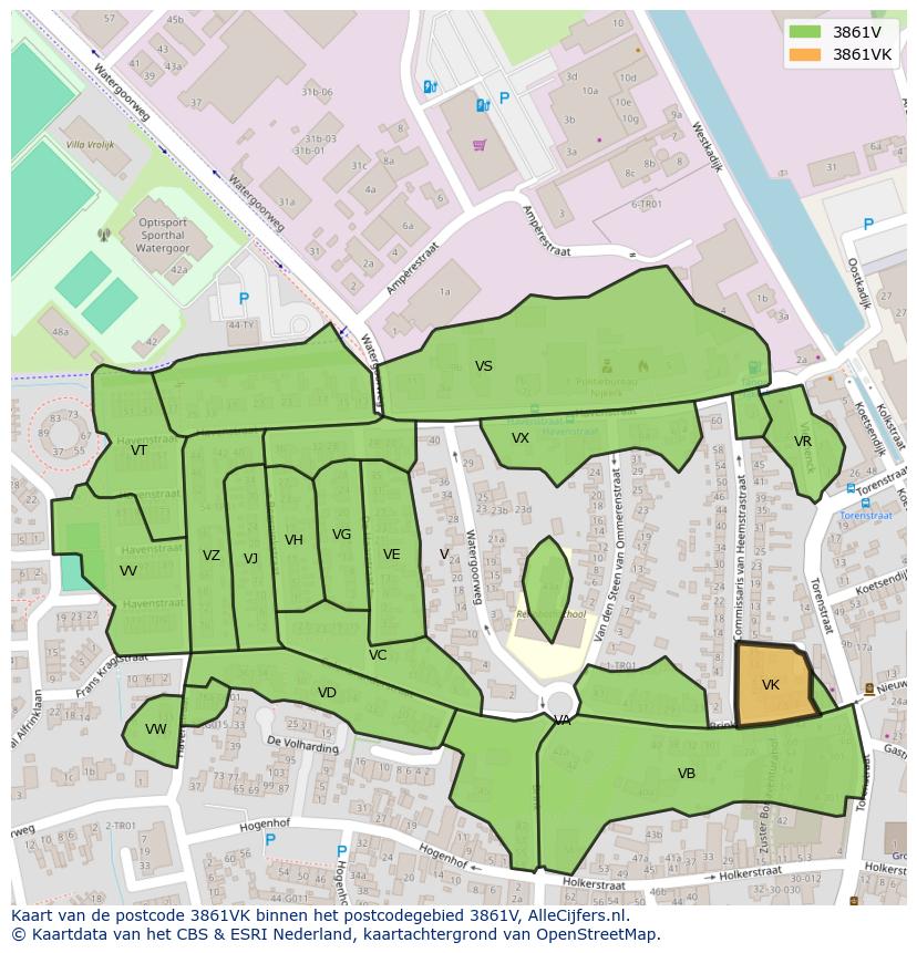 Afbeelding van het postcodegebied 3861 VK op de kaart.