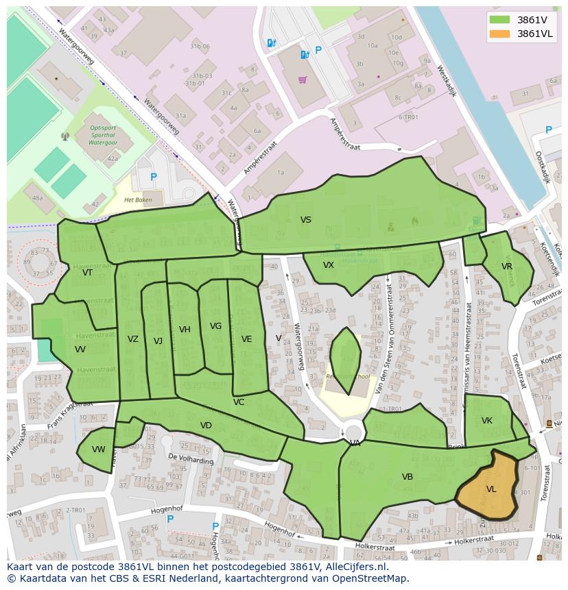 Afbeelding van het postcodegebied 3861 VL op de kaart.