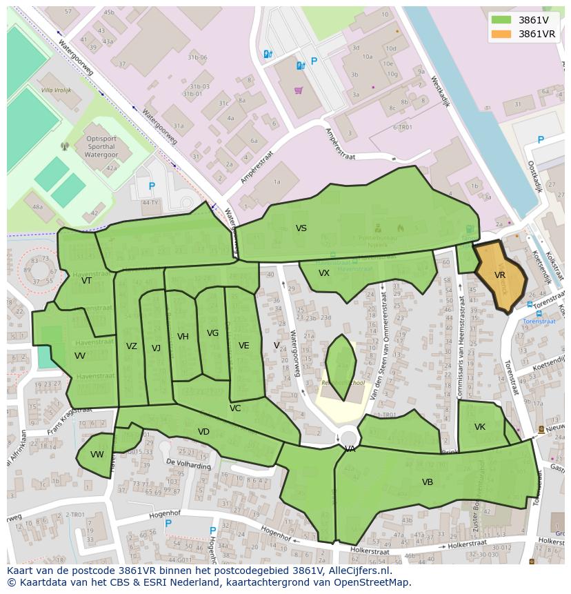 Afbeelding van het postcodegebied 3861 VR op de kaart.