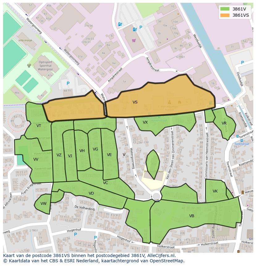 Afbeelding van het postcodegebied 3861 VS op de kaart.