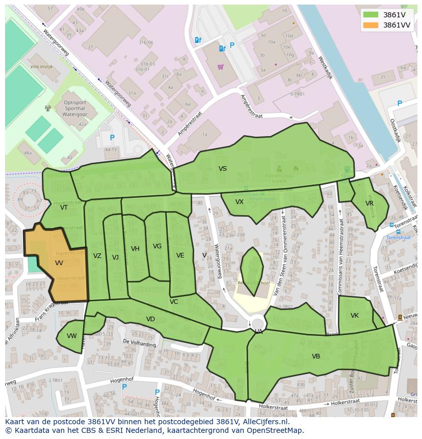 Afbeelding van het postcodegebied 3861 VV op de kaart.