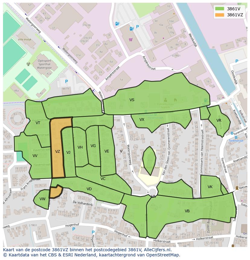 Afbeelding van het postcodegebied 3861 VZ op de kaart.