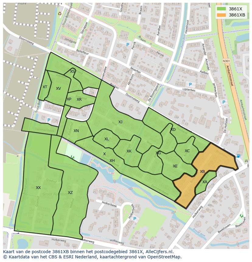 Afbeelding van het postcodegebied 3861 XB op de kaart.