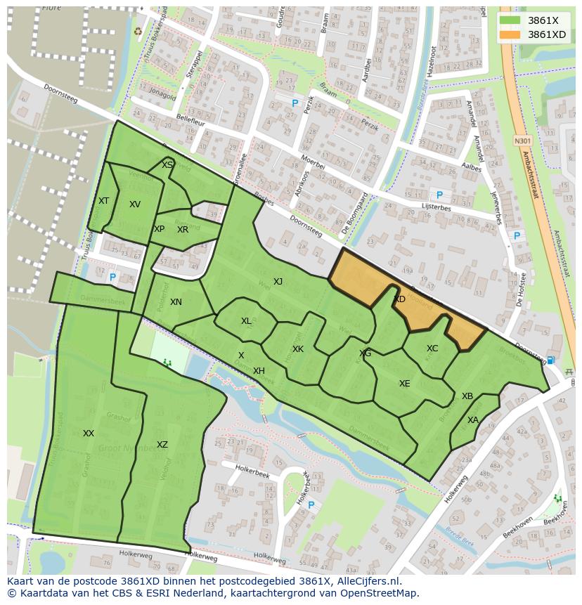 Afbeelding van het postcodegebied 3861 XD op de kaart.