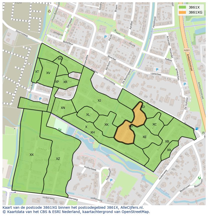 Afbeelding van het postcodegebied 3861 XG op de kaart.